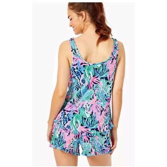 Lilly Pulitzer Women's PJ Tank Top Knit Ruffle High Tide Navy Pajamas Size Lrg - Picture 4 of 8